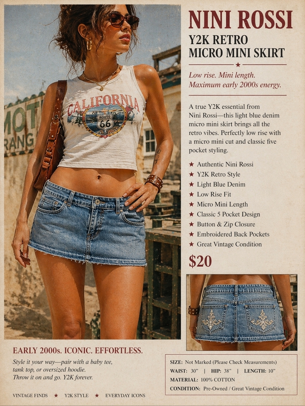 Nini Rossi Y2K Retro Light Blue Denim Micro Mini Skirt